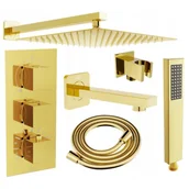 Baterie umywalkowe - Mexen Cube DR02 zestaw wannowo-prysznicowy podtynkowy z deszczownicą 25 cm, złoty - miniaturka - grafika 1