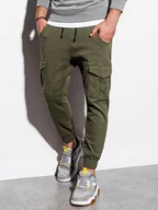 Spodnie męskie - Spodnie męskie JOGGERY z kieszeniami cargo - oliwkowe V18 P886 - Ombre Clothing - miniaturka - grafika 1