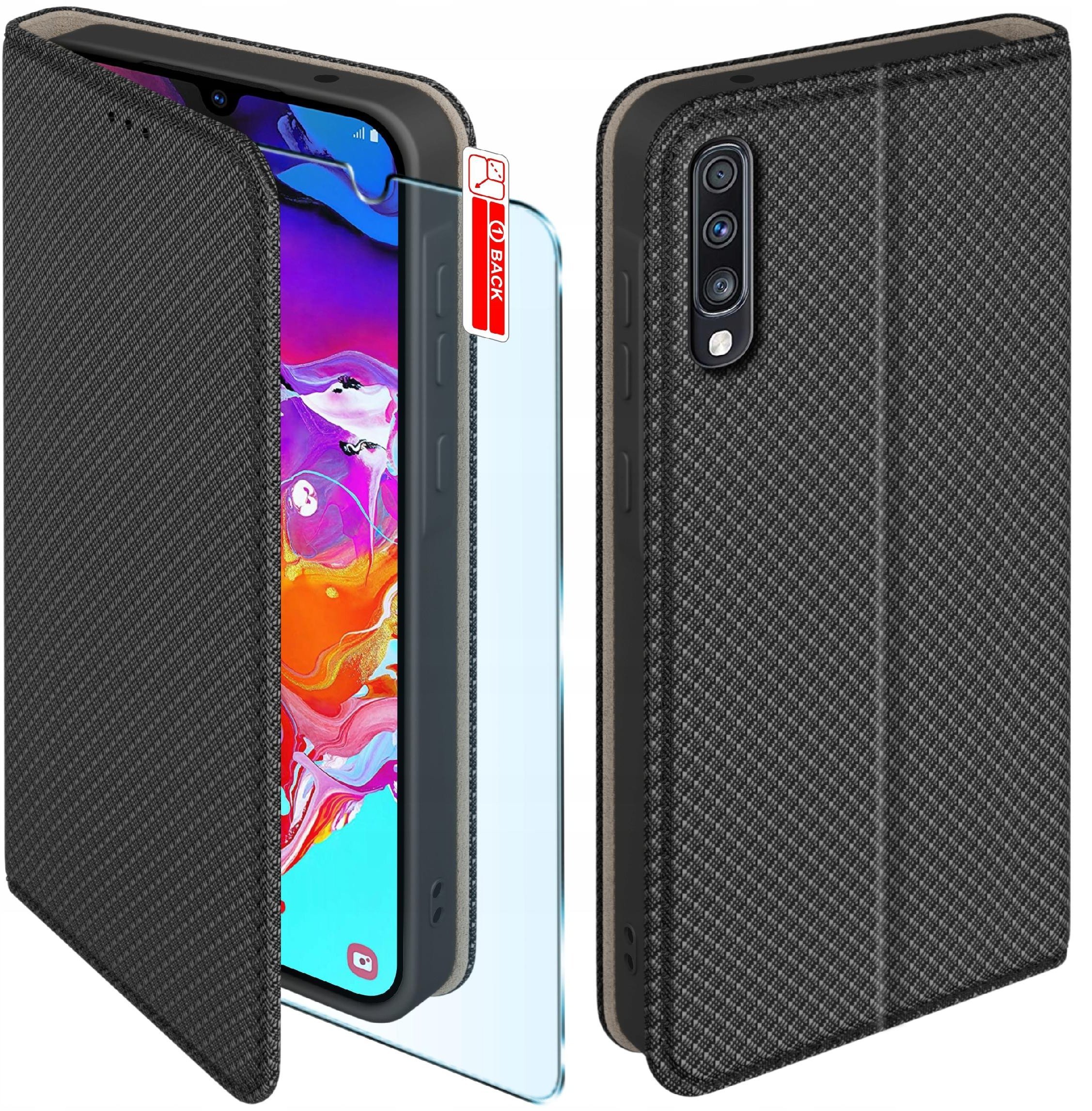Etui z klapką do Samsung A70 Zamykane Czarne Futerał + Szkło 9H