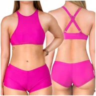 Stroje kąpielowe - STRÓJ KĄPIELOWY DAMSKI DWUCZĘŚCIOWY BIKINI SPODENKI RÓŻOWY Z SZORTAMI M - miniaturka - grafika 1