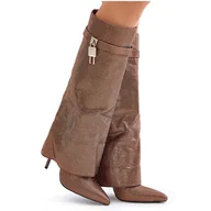 Kozaki damskie - Zdobione Wsuwane Kozaki Na Szpilce Z Wywiniętą Cholewką Brązowe Enathlin - Inna marka - miniaturka - grafika 1