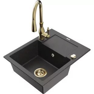 Mexen Enzo zlewozmywak granitowy 1-komorowy z ociekaczem i baterią kuchenną Savita, czarny nakrapiany - Zlewozmywaki z baterią - miniaturka - grafika 1