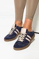 Sneakersy damskie - Granatowe sneakersy skórzane damskie buty sportowe z beżowymi wstawkami sznurowane PRODUKT POLSKI Casu N1068-39 - miniaturka - grafika 1
