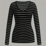 Bluzki damskie - TEMU Niszowa, Prosta, Czarno-Biała w Paski, Przylegająca, Długorękawna Koszulka Termoaktywna Bielizna Termiczna dla Kobiet - miniaturka - grafika 1