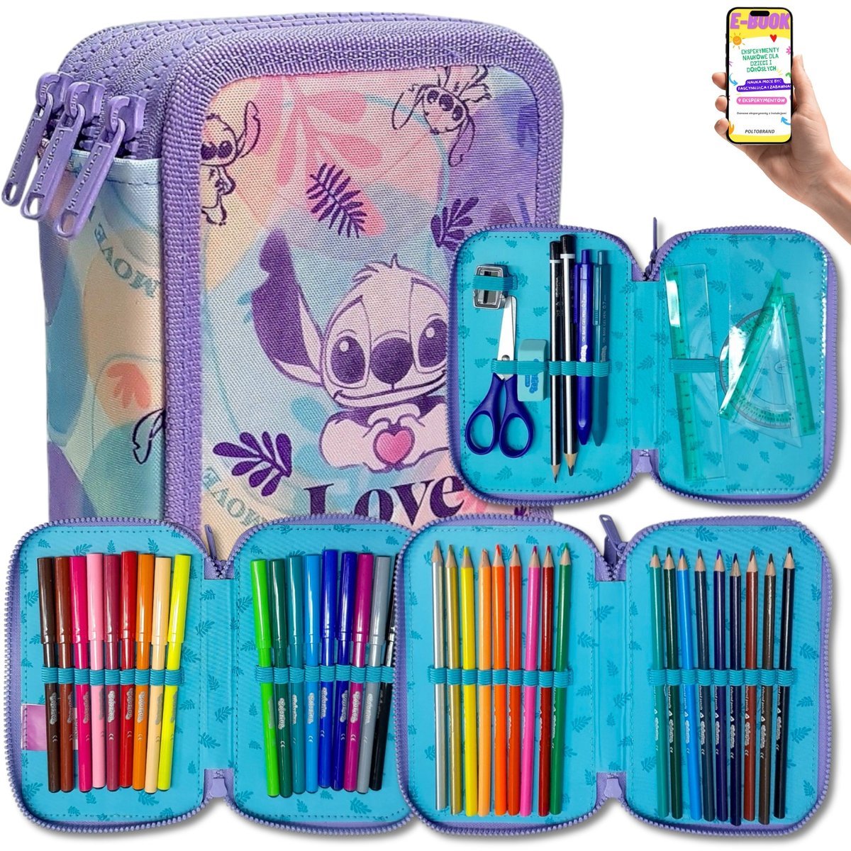 PIÓRNIK STITCH PASTEL 3-KOMOROWY z WYPOSAŻENIEM – PRZYBORY SZKOLNE DLA DZIEWCZYNKI + EBOOK