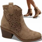 Botki damskie - Damskie Kowbojki na Obcasie Botki Ażurowe Modne Zamszowe Wiosenne Barski 37 - miniaturka - grafika 1