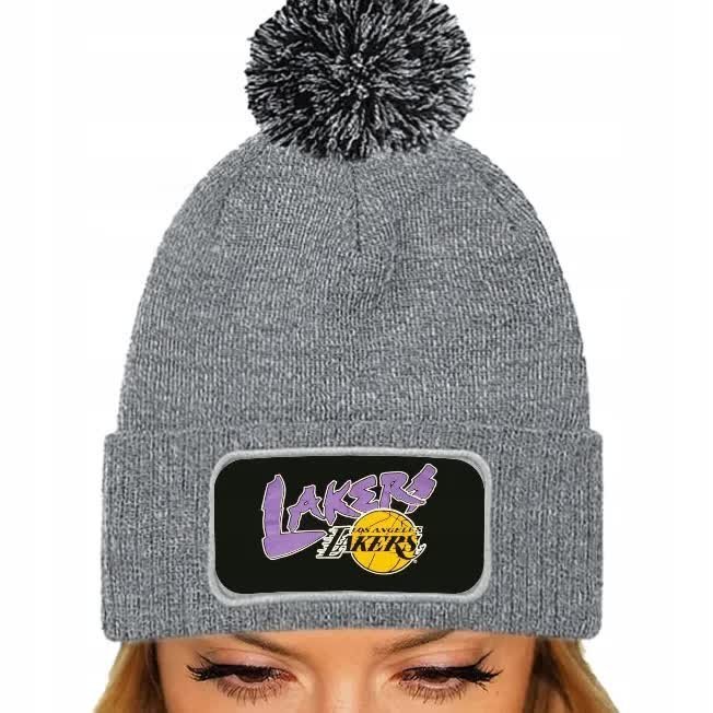 Szara Czapka Zimowa Z Pomponem LAKERS LOS ANGELES Ciepła Na Prezent Wzory