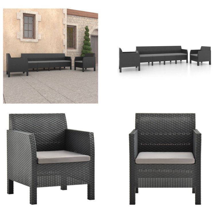 vidaXL 3-częściowy zestaw wypoczynkowy do ogrodu z poduszkami PP rattan antracyt - Zestaw wypoczynkowy do ogrodu - Zestawy wypoczynkowe do ogrodu - Zestawy mebli ogrodowych - Zestawy mebli ogrodowych