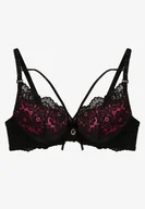 Biustonosze - Czarno-Fuksjowy Biustonosz Koronkowy Push-Up z Ozdobnymi Cyrkoniami Hevantia - miniaturka - grafika 1