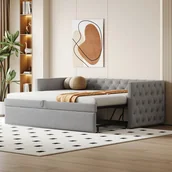 Łóżka - Łóżko wysuwane 90/180 x 200 cm z zagłówkiem - Miękki aksamit - stelaż listwowy - jasnoszary (bez materaca) - miniaturka - grafika 1