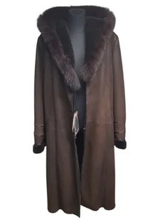 Płaszcz Kożuch Damski Naturalny Czekoladowy Kaptur Obszywany 3XL - Płaszcze damskie - miniaturka - grafika 1
