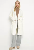 Swetry damskie - Jasnobeżowy Niezapinany Kardigan z Wełną z Warkoczowym Splotem i Wiązanym Paskiem Darrive - miniaturka - grafika 1