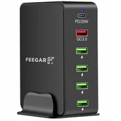 Akcesoria do tabletów i e-booków - Feegar Ładowarka biurkowa / sieciowa Charger Tower 5x USB-A / 1x USB-C PD 86W, czarna - miniaturka - grafika 1