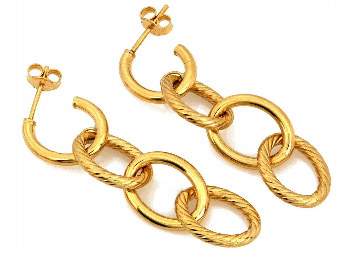 Kolczyki złote wiszące owalne przeplatane ogniwa 585 owale zdobione sztyfty