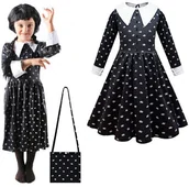 Zabawy w naśladowanie dorosłych - STRÓJ SUKIENKA DLA DZIECI WEDNESDAY ADDAMS MUNDUREK HALLOWEEN KARNAWAŁ 150 - miniaturka - grafika 1