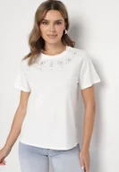 Bluzki damskie - Biała Bawełniana Bluzka T-shirt Ozdobiona Cyrkoniami Marivista - miniaturka - grafika 1