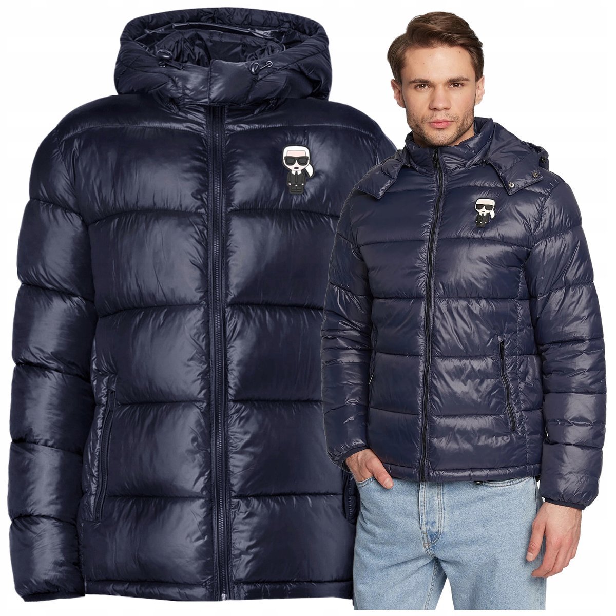 KARL LAGERFELD męska kurtka zimowa puchowa granatowa przeciwdeszczowa KARL LAGERFELD kurtka meska granatowa z kapturem przeciwdeszczowa r.L