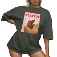 Koszulki i topy damskie - T-SHIRT OVERSIZE LU��NA KOSZULKA PLAYBOY MOTYL USTA NADRUK S SUKIENKA JAKO���� - miniaturka - grafika 1