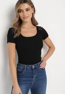 Bluzki damskie - Czarna Bawełniana Bluzka z Ozdobnymi Pagonami i Krótkim Rękawem Maelwina - miniaturka - grafika 1