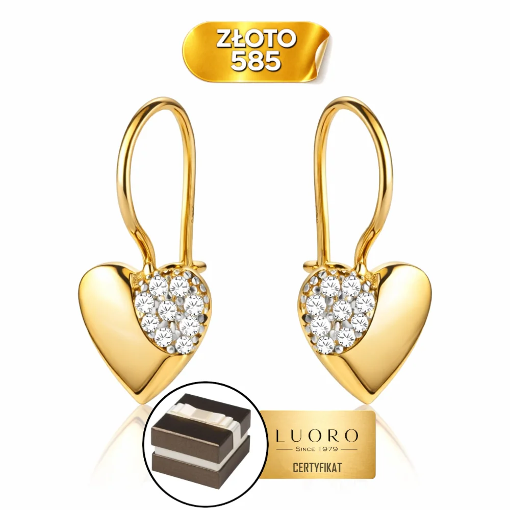 KOLCZYKI ZŁOTE 585 14K SERCE CZĘŚĆ CYRKONII BIGIEL 16 MM ELEGANCKIE
