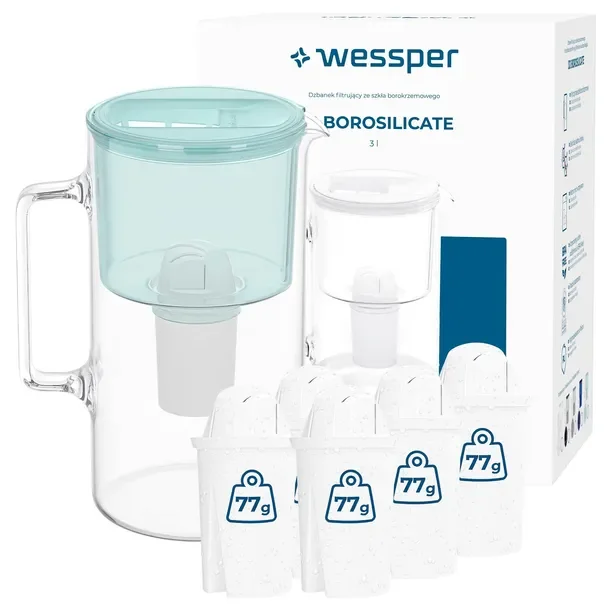 Dzbanek filtrujący szklany Wessper D2 BOROSILICATE 3l + 6 filtr AquaClassic