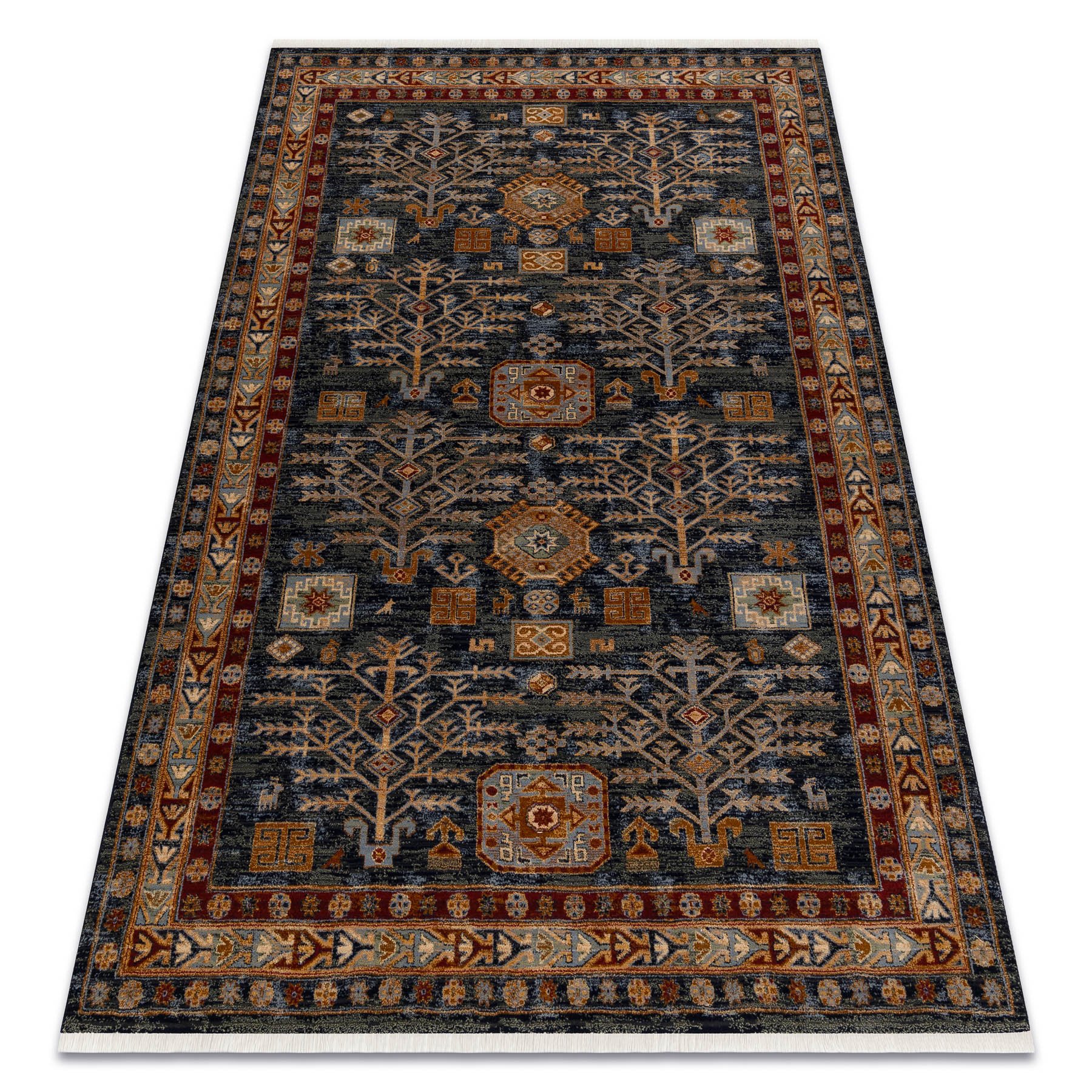 Dywan KESHAN Frędzle, Ramka orientalny 6174/53511 granat / bordo niebieski 300x380 cm