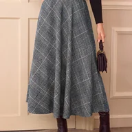 Spódnice - TEMU Damska Elegancka Wysokotalia Spódnica w Kratę - Niebiesko-Szaro-Brązowa , A-Liniowy Fason z Nieelastycznej Tkaniny na Codzień i Oficjalne Okazje - miniaturka - grafika 1
