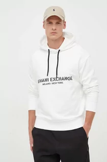 Bluzy męskie - Armani Exchange bluza bawełniana męska kolor beżowy z kapturem z nadrukiem - grafika 1