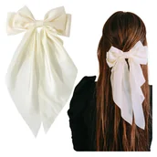 Ozdoby do włosów - Kokarda do Włosów Kremowa Długa Ozdobna Spinka Satynowa Kobieca Elegancka - miniaturka - grafika 1