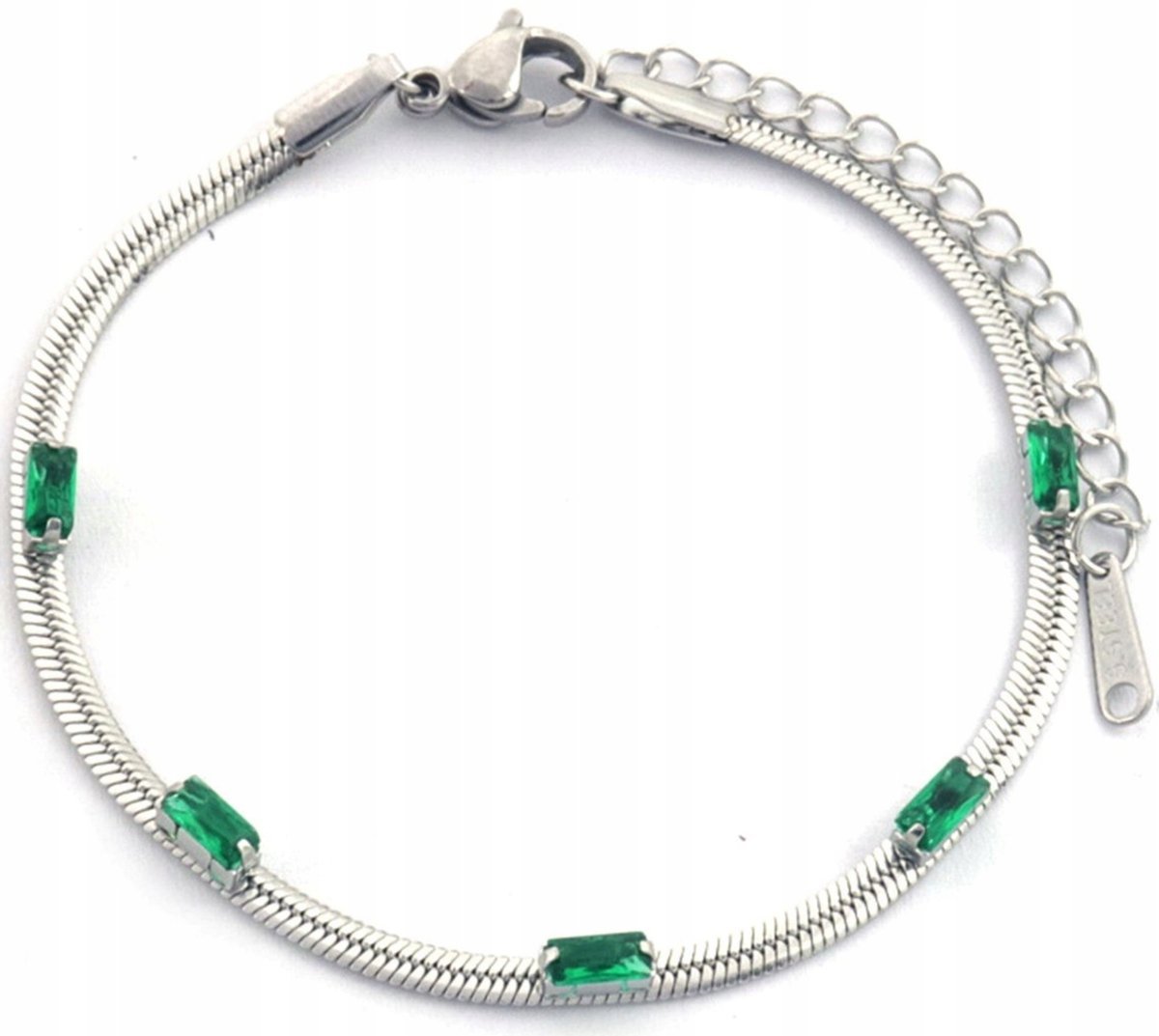 Srebrna Bransoletka Szmaragdy Jodełka Kamienie Stylowa Stal Szlachetna