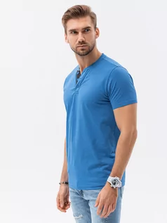 Koszulki męskie - T-shirt męski bez nadruku z guzikami - niebieski melanż V2 S1390 - grafika 1