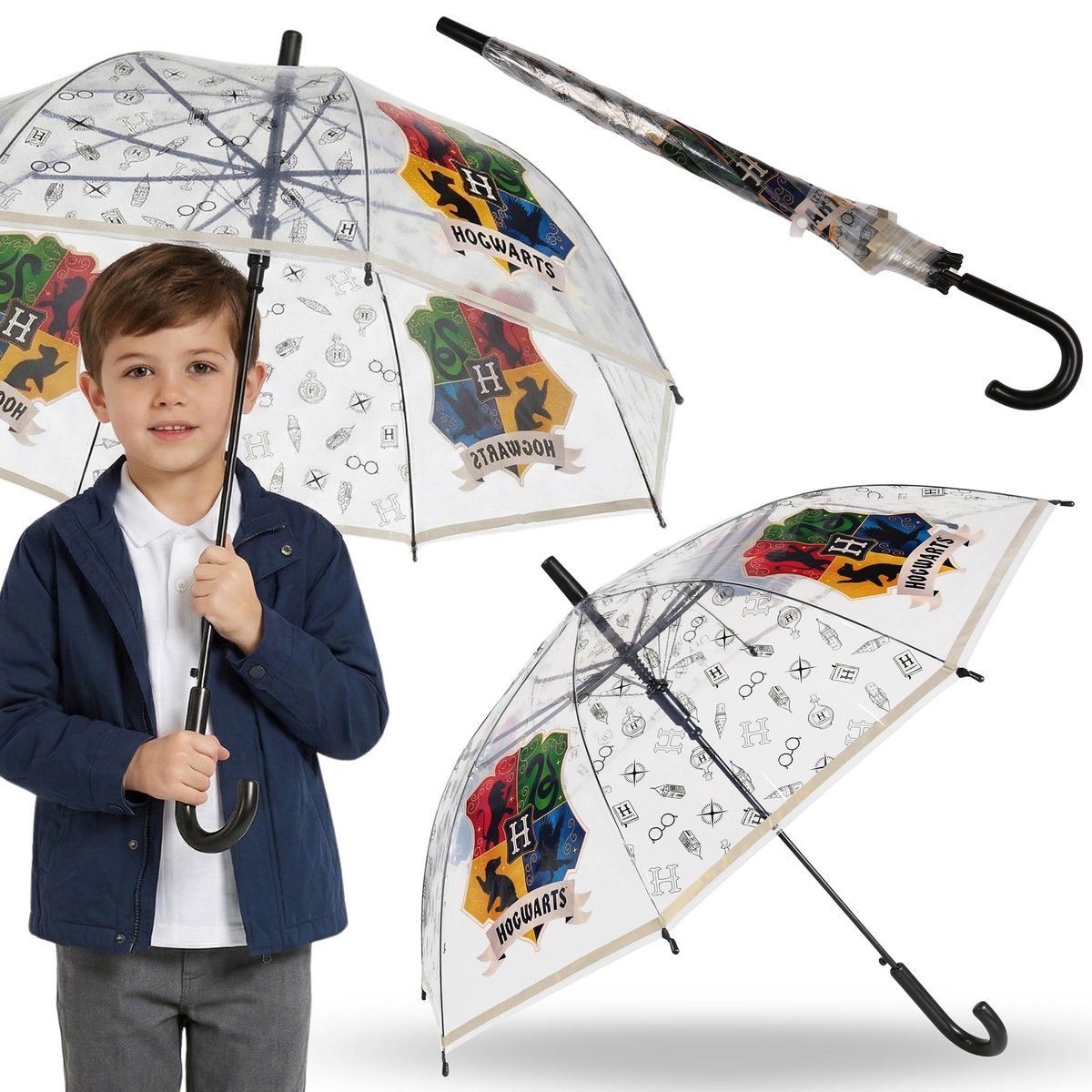 Harry Potter HOGWARTS parasolka dziecięca DLA CHŁOPCA, SKŁADANY transparentny parasol AUTOMATYCZNY