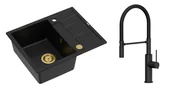 Zlewozmywaki z baterią - Quadron Unique Zlewozmywak granitowy jednokomorowy 62*50*22 cm z ociekaczem MORGAN 116 PURE CARBON z syfonem Push-2-Open w kolorze złotym z baterią GEMMA Q LINE SLIM z ruchomą wylewką kolor czarny mat/czarny wąż - miniaturka - grafika 1