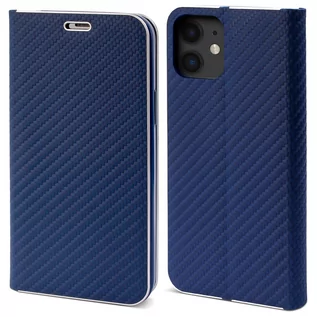 Portfele - Moozy Etui z portfelem do iPhone'a 12, iPhone'a 12 Pro, ciemnoniebieskie włókno węglowe - metaliczna ochrona krawędzi Zapinana na magnes, klapka z u.. - grafika 1