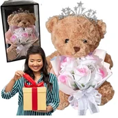 Sztuczne kwiaty - MIŚ Z BUKIETEM RÓŻ PUDEŁKO PREZENTOWE IDEALNY PREZENT DLA NIEJ NA URODZINY - miniaturka - grafika 1