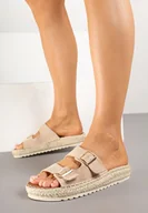 Klapki i japonki damskie - Beżowe Klapki Ozdobione Plecionką z Juty i Klamrami Calisses - miniaturka - grafika 1