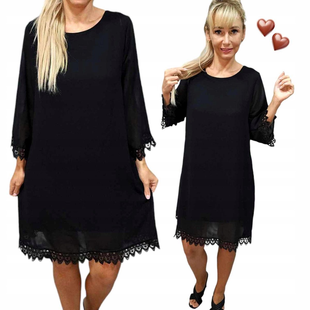 ELEGANCKA CZARNA SUKIENKA Z KORONKA wiskoza jak jedwab 38 40 M L