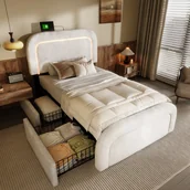 Łóżka dla dzieci i młodzieży - Łóżko dziecięce 90 x 200 cm z 2 szufladami i regulowanym zagłówkiem - USB + Typ C - tkanina Sherpa - białe - miniaturka - grafika 1