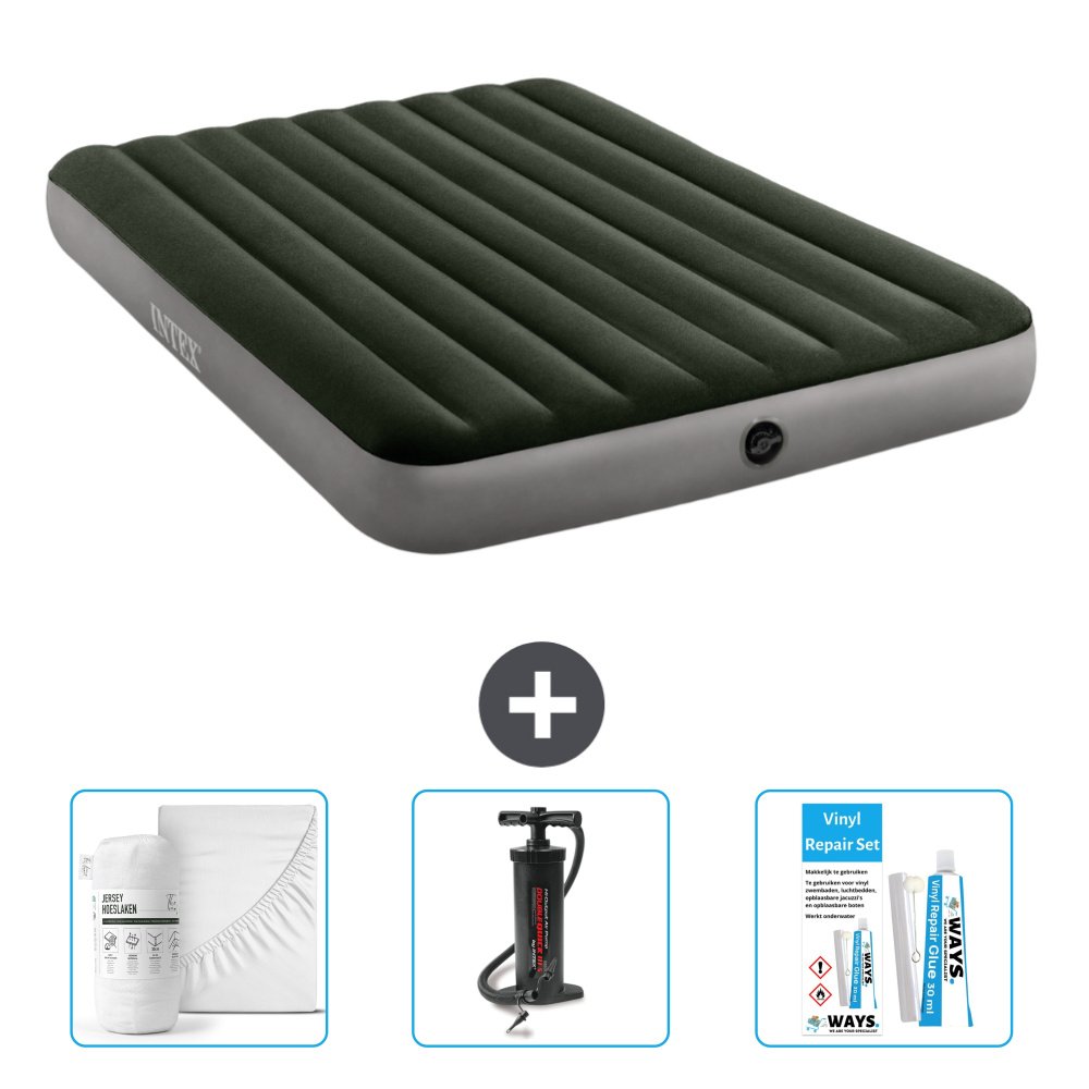 Dmuchane łóżko Intex - 2 osoby - 152 x 203 x 25 cm - zielone - w zestawie prześcieradło - pompka i zestaw naprawczy