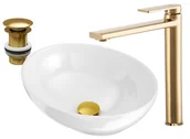 Umywalki - Okrągła Umywalka Nablatowa + Bateria Złota + Korek - miniaturka - grafika 1
