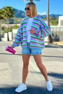 Swetry damskie - Krótki, lekki kardigan oversize w paski - niebo/baby róż One size - miniaturka - grafika 1