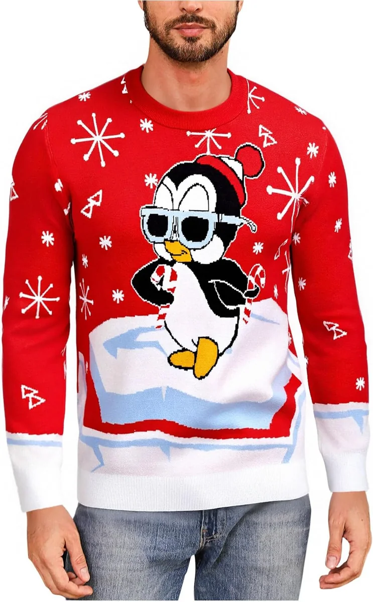 SWETER MĘSKI ŚWIĄTECZNY OKRĄGŁY DEKOLT DZIANINOWY ZIMOWY PINGWINY WZÓR