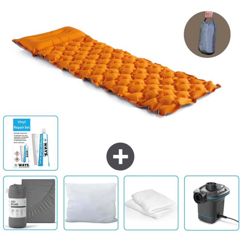 Mata kempingowa Intex - 1 osoba - 71 x 191 x 11 cm - pomarańczowa - zawiera prześcieradło - pocałunek - pompkę - zestaw naprawczy i ochraniacz na poduszkę