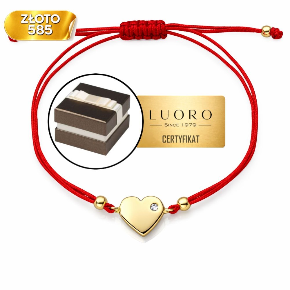 BRANSOLETKA ZŁOTA 585 14K SERCE Z CYRKONIĄ NA CZERWONYM SZNURKU 14 21 CM REGULOWANA