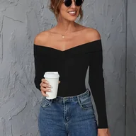 Bluzki damskie - TEMU 1 szt. Elegancka bluzka damska z odkrytymi ramionami i długim rękawem, z jednokolorowej dzianiny poliestrowej, uniwersalna bluzka na każdą porę - miniaturka - grafika 1