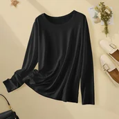 Bluzki damskie - TEMU Koszulka Damska Casual z Długim Rękawem - Okrągły Dekolt, Jednokolorowa Czarna Bluzka z Aplikacją, Średnio Elastyczna, Regularny Krój, Pranie w - miniaturka - grafika 1
