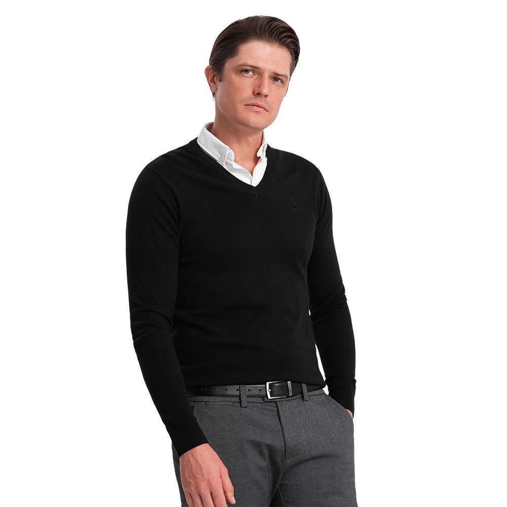 Sweter męski z dekoltem i kołnierzykiem czarny V1 OM-SWSW-0102 S