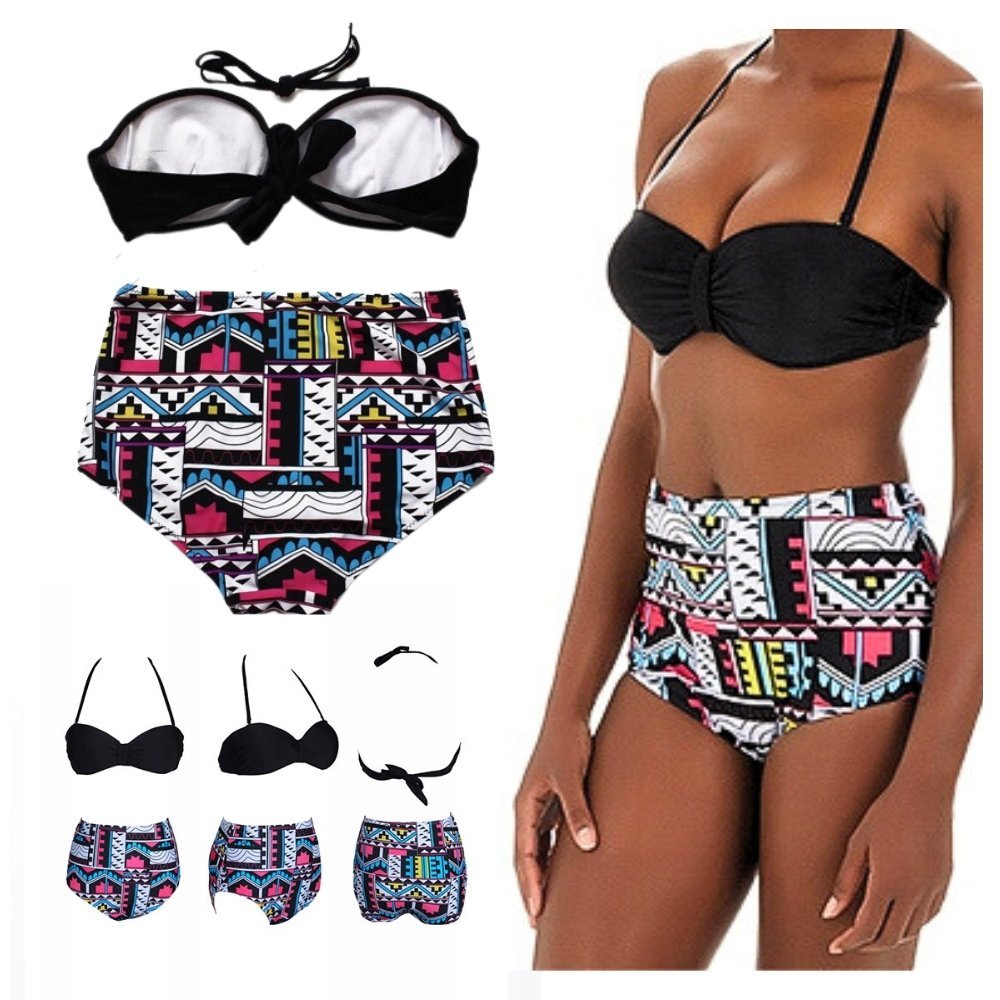 BIKINI DWUCZĘŚCIOWE FIGI WYSOKI STAN USZTYWNIANE MISECZKI PUSHUP CZARNY XL