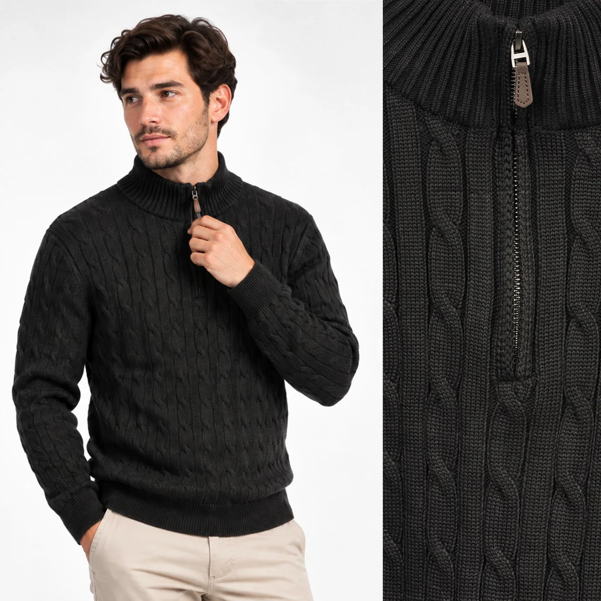 Sweter męski grubszy w warkocze z półgolfem na krótki zamek czarny LD-69113-BLACK M