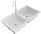 Zlewozmywaki z baterią - Mexen Mario zlewozmywak granitowy 2-komorowy z baterią kuchenną Telma, biały - 6504-20-670200-20 - miniaturka - grafika 1